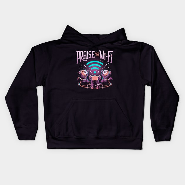 Praise the Wifi Funny Evil Worship Cats Kids Hoodie by eduely